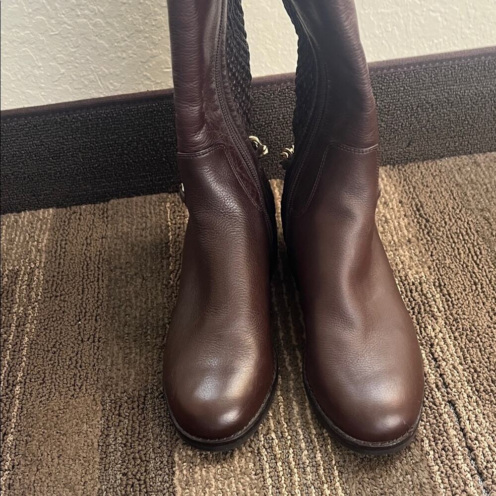 Cole Haan Idina Brown Stretch Leather Riding Boots with Chain Detail - Picture 8 of 11